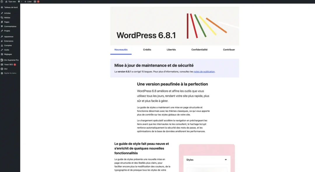 Tableau de bord WordPress 6.8.1 affichant les nouvelles fonctionnalités et outils d’administration de site