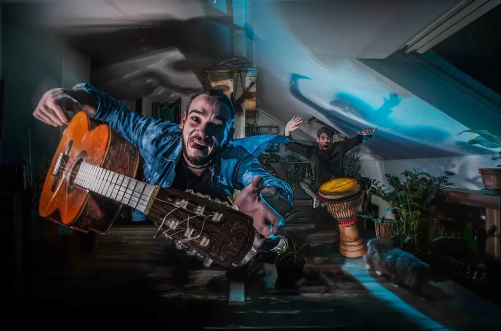Photo studio créative – Tijoe, photographe professionnel à Mulhouse & web designer Scène musicale artistique avec instruments et ambiance studio – photo créative signée Tijoe, photographe à Mulhouse