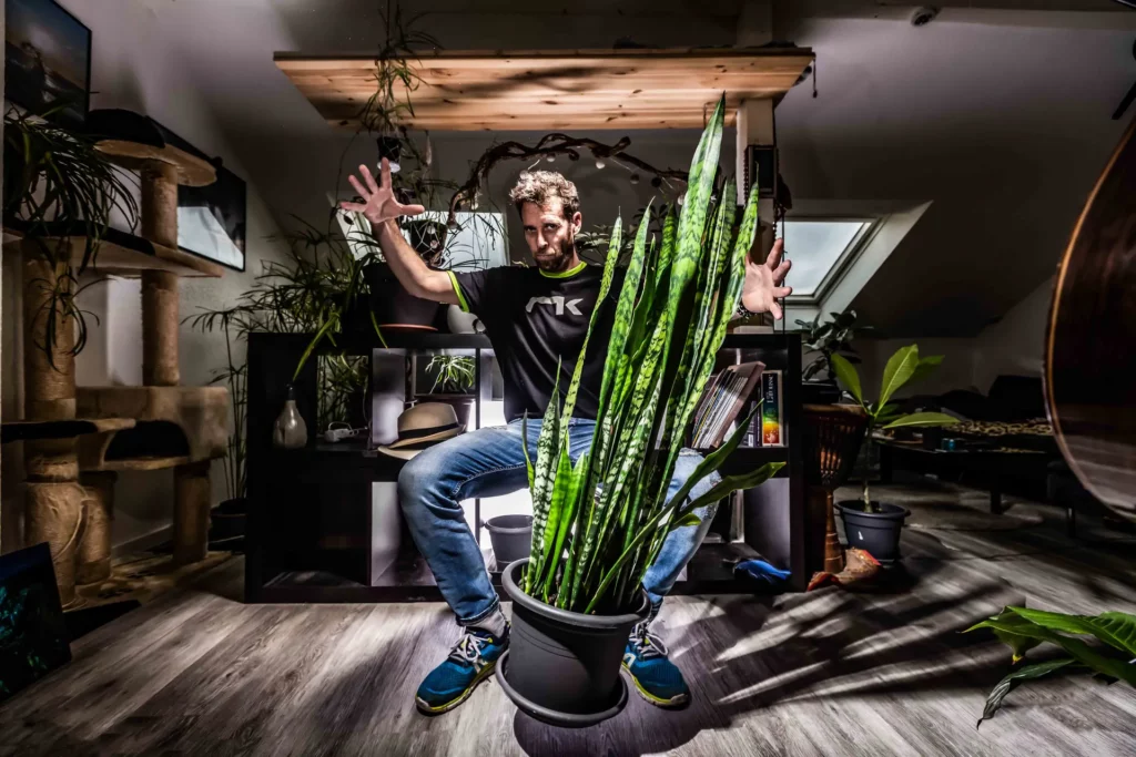 Portrait scénarisé de Tijoe – photographe à Mulhouse et créateur visuel Portrait expressif de Tijoe dans un intérieur végétal – mise en scène artistique par un photographe professionnel à Mulhouse