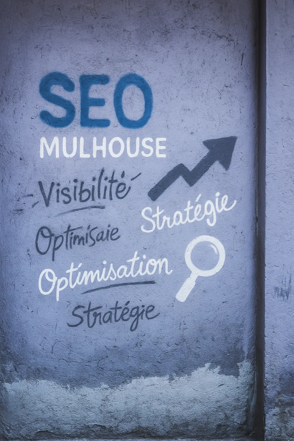 Graphisme SEO sur un mur à Mulhouse illustrant l’optimisation et la visibilité web locale