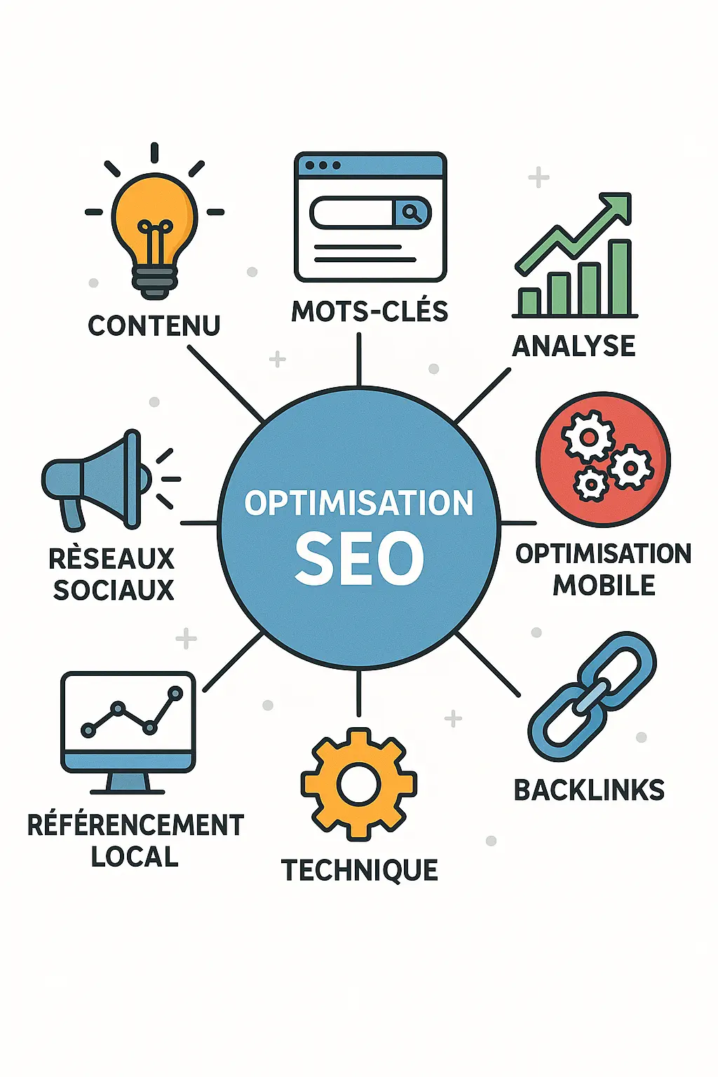 Optimisation SEO Mulhouse – Leviers de l'optimisation naturel Graphique des piliers de l’optimisation SEO à Mulhouse : contenu, mots-clés, backlinks, référencement naturel, analyse technique toutes les étapes pour un bon SEO