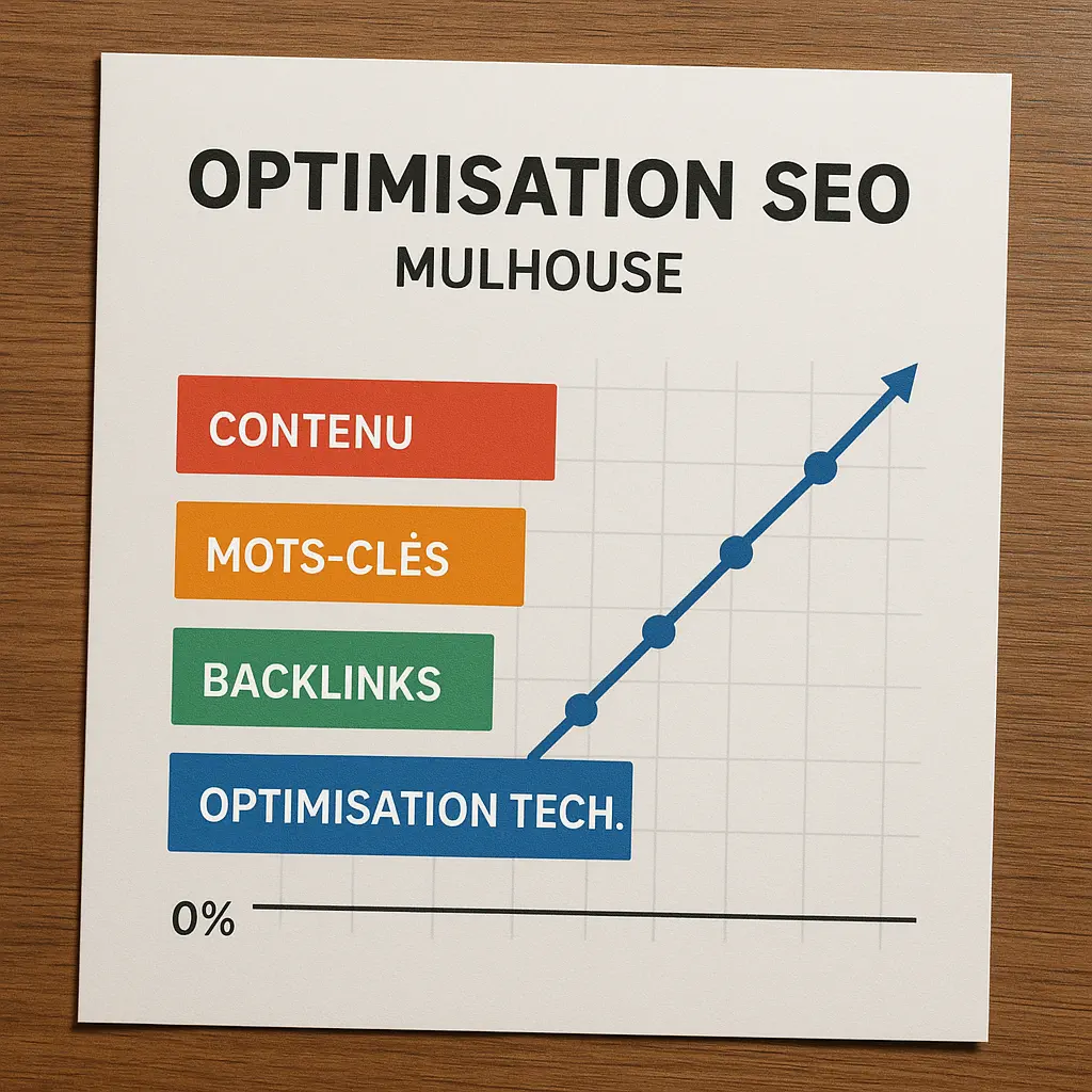 Optimisation SEO local Mulhouse - contenu, mots-clés, backlinks Graphique SEO local à Mulhouse montrant l’importance du contenu, des mots-clés, backlinks et optimisation technique