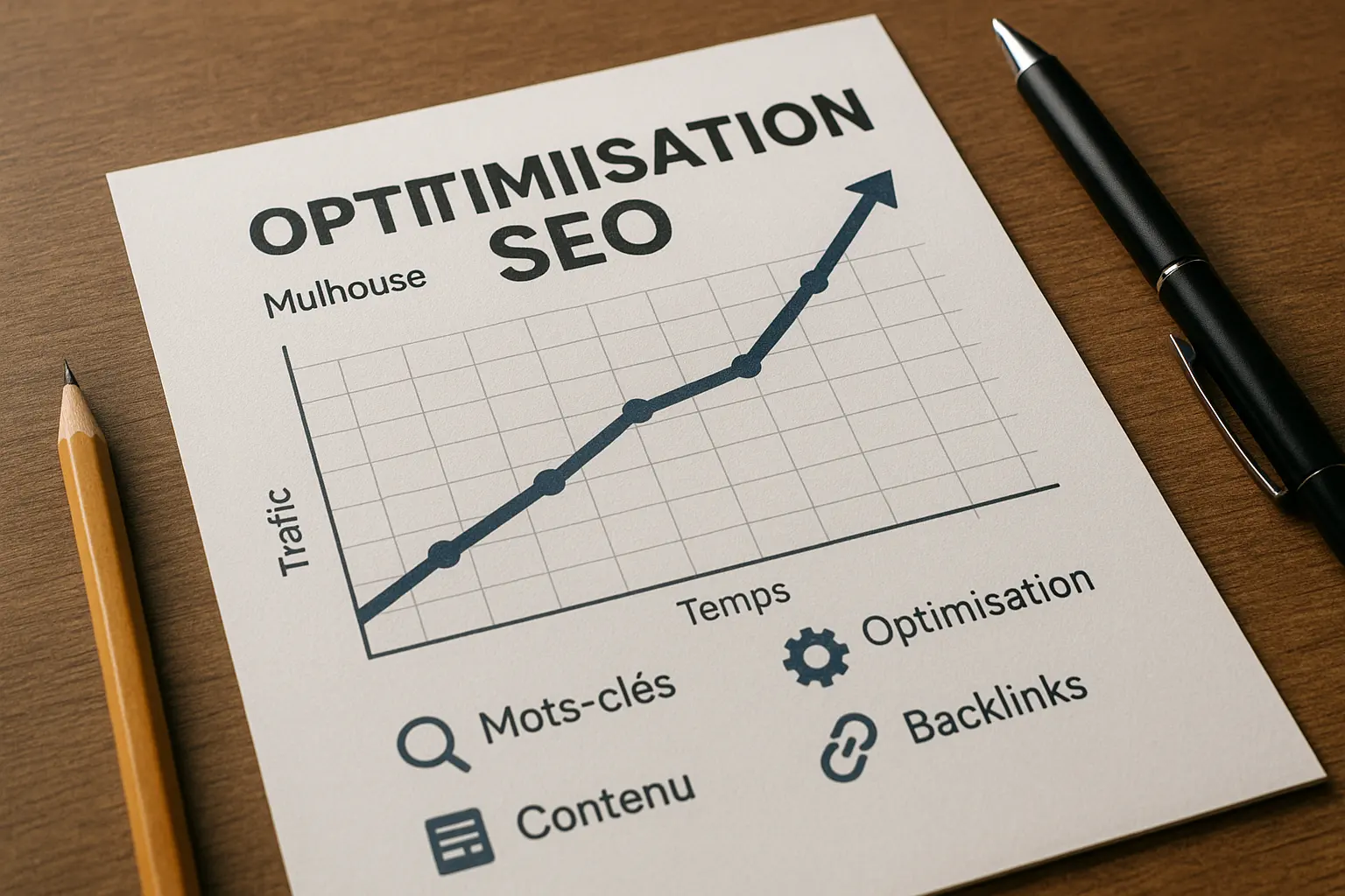 Optimisation SEO à Mulhouse – Création de site internet Alsace Graphique montrant la croissance du trafic web liée à l’optimisation SEO avec mots-clés, contenu, backlinks et optimisation à Mulhouse - Création de site internet en Alsace par un web designer.