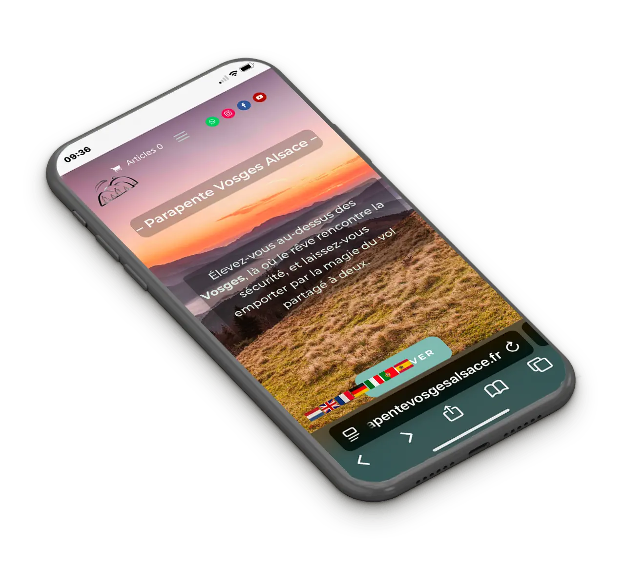 Site WooCommerce responsive pour vente de baptêmes en parapente biplace, affiché sur smartphone