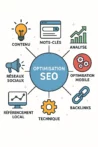 Graphique des piliers de l’optimisation SEO à Mulhouse : contenu, mots-clés, backlinks, référencement naturel, analyse technique toutes les étapes pour un bon SEO