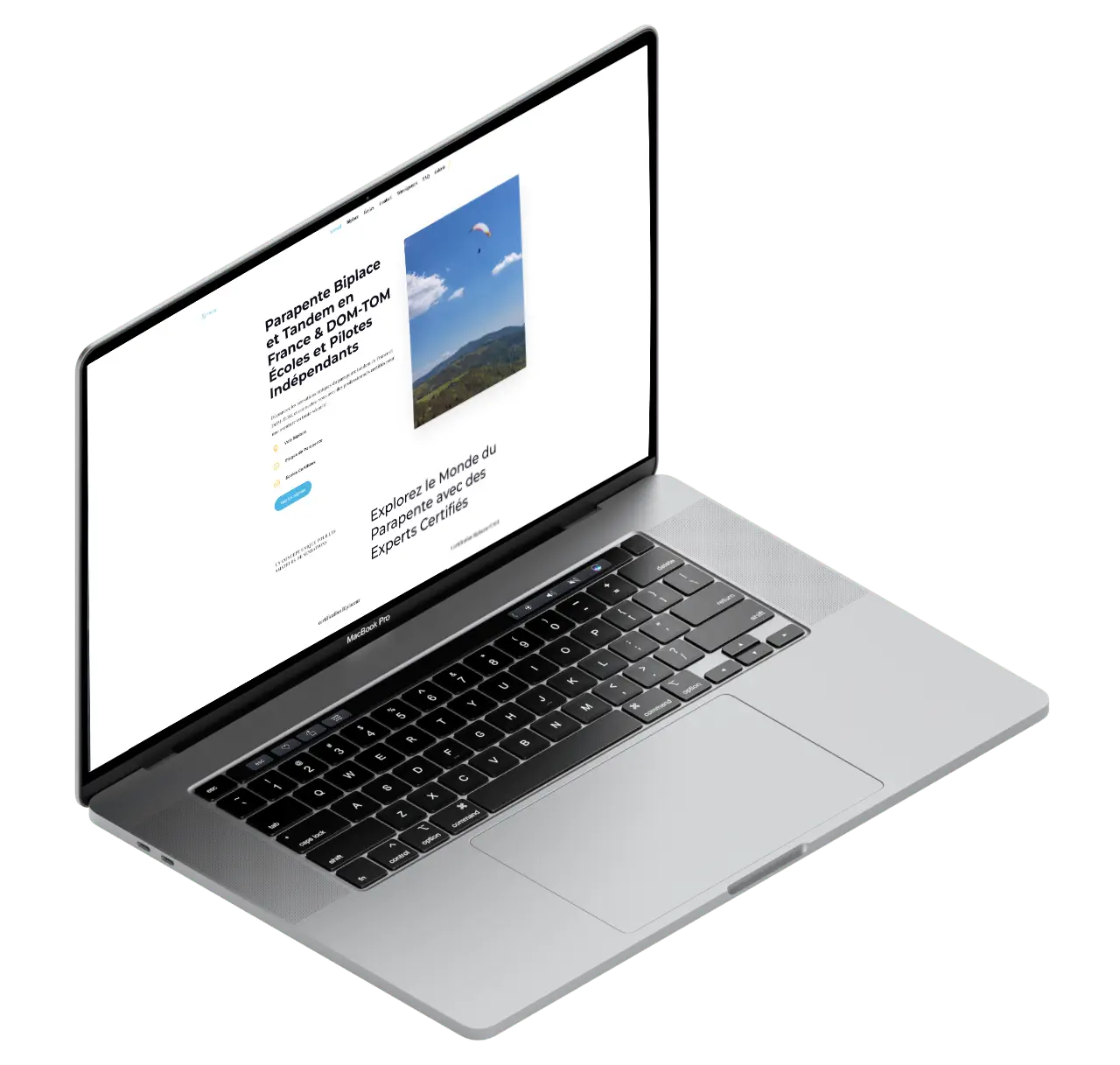 Aperçu desktop du site volparapente.fr affiché sur un MacBook, conçu par Tijoe, web designer à Mulhouse, spécialiste en création de sites WordPress optimisés pour le référencement SEO.