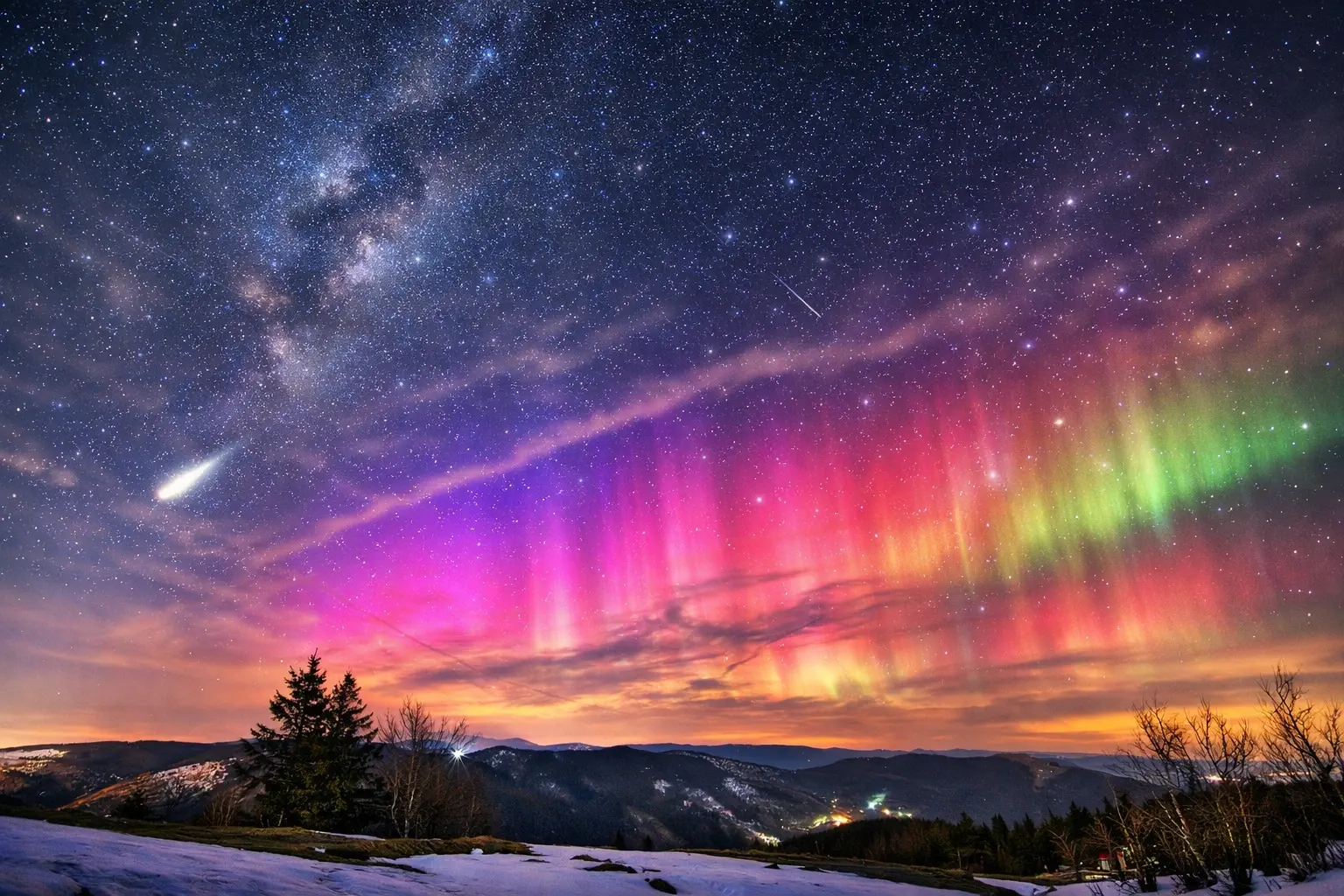 Photographe paysage Mulhouse – aurores boréales et ciel nocturne Aurores boréales illuminant un paysage nocturne, photographie de paysage réalisée par un photographe paysage à Mulhouse