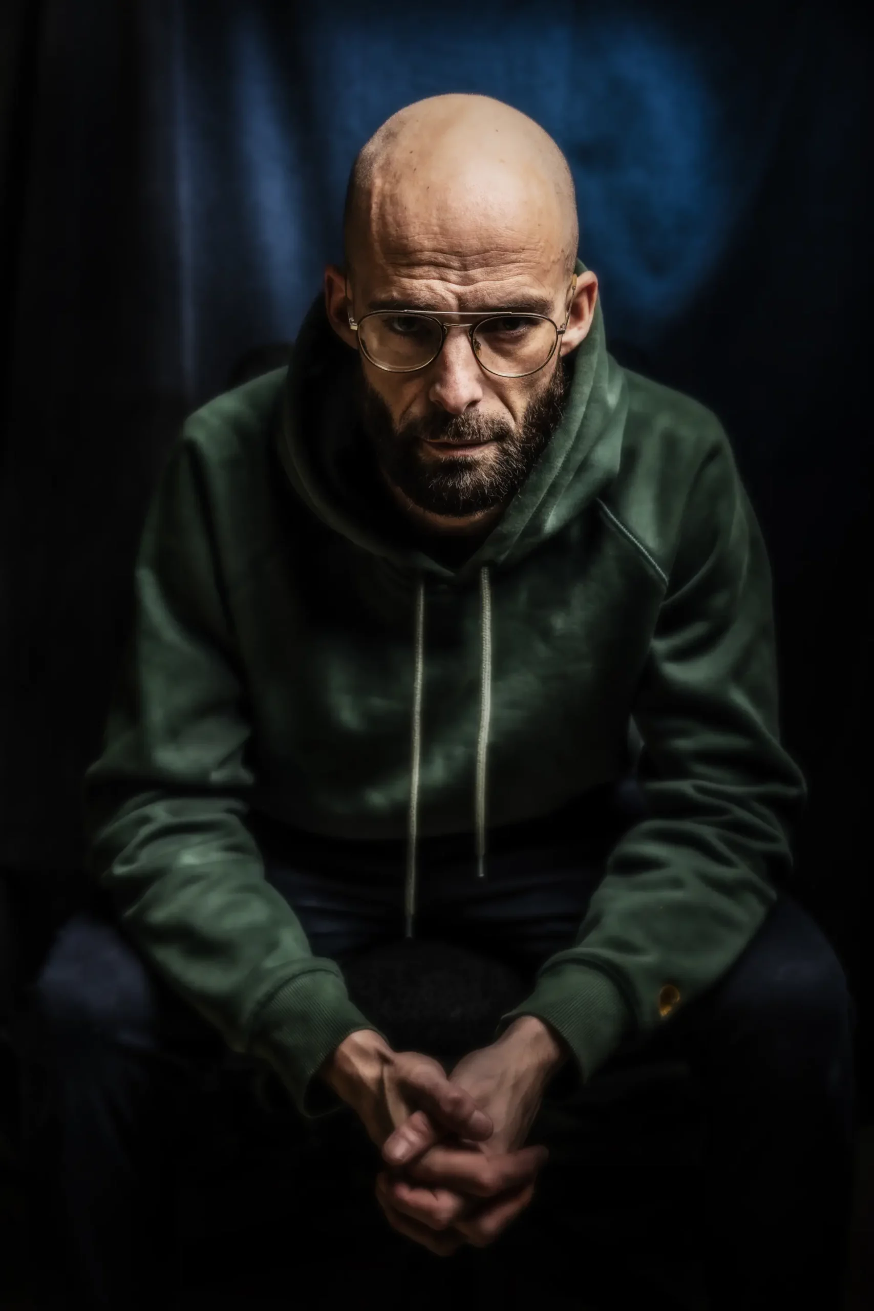 Portrait artistique homme – photographe à Mulhouse Portrait d’homme en lumière sombre, regard intense, photographie artistique réalisée par un photographe à Mulhouse